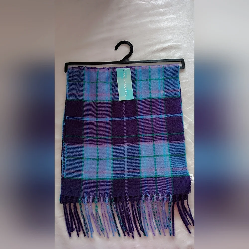 NWT UNISEX Plaid Fringe Winter Scarf - Blue, Purple & Teal